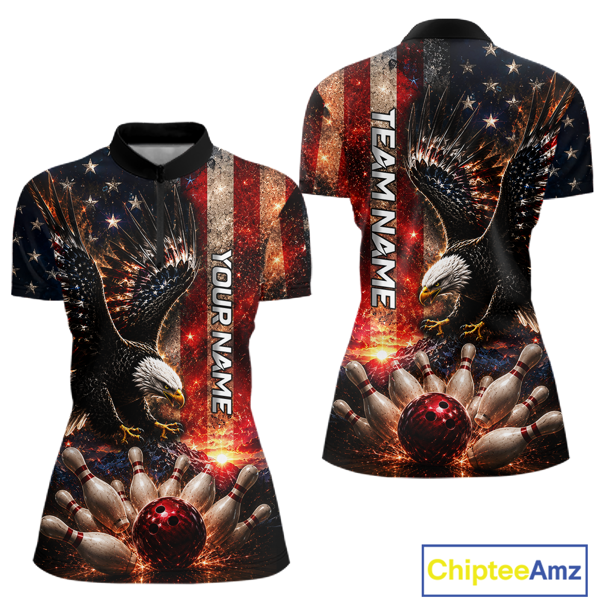 Woman wearing Customized Thunder US Flag Eagle Quarter-Zip Bowling Shirt with patriotic eagle, thunder lightning effects, personalized team logo, quick-dry bowling jersey, athletic performance apparel, USA bowling tournament uniform, custom league shirt, American heritage sportswear.