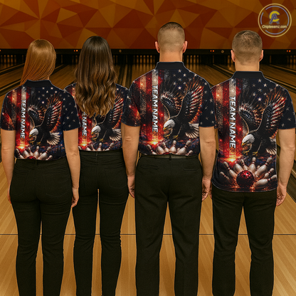 Mixed bowling team wearing matching Thunder US Flag Eagle bowling jerseys, custom names, patriotic eagle graphics, American flag design, tournament champions, league bowling apparel, military appreciation, veteran support, Independence Day team uniforms, corporate bowling event apparel.