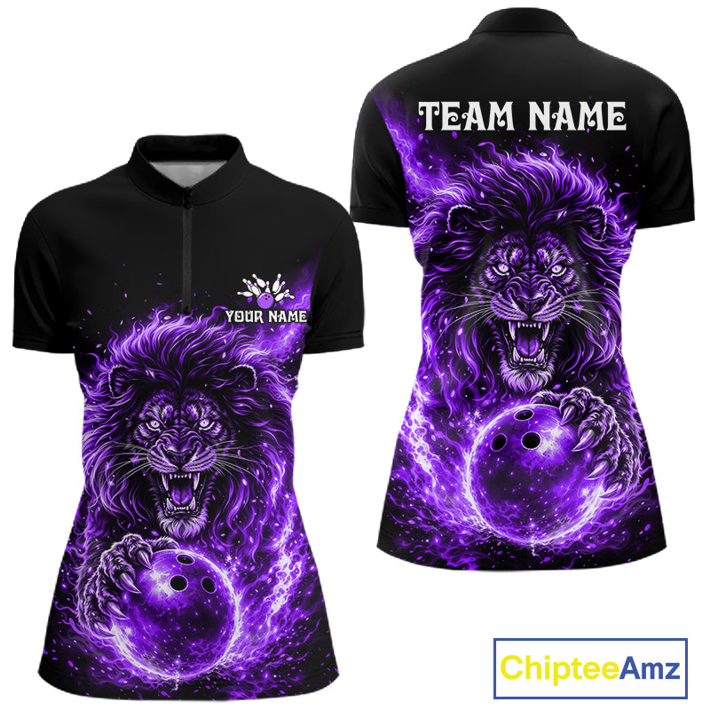 Personalized Purple Flame Lion Bowling Shirts For Women Custom Fire Lion Team Bowling Jersey NYN4066