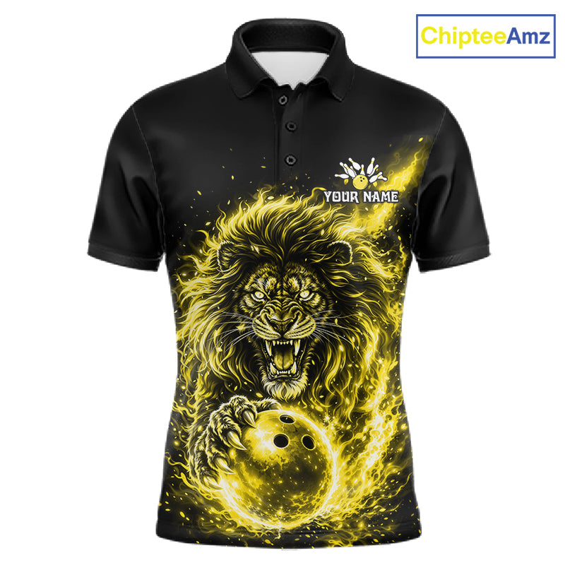 Personalized Yellow Flame Lion Bowling Shirts For Men Custom Fire Lion Team Bowling Jersey NYN4067