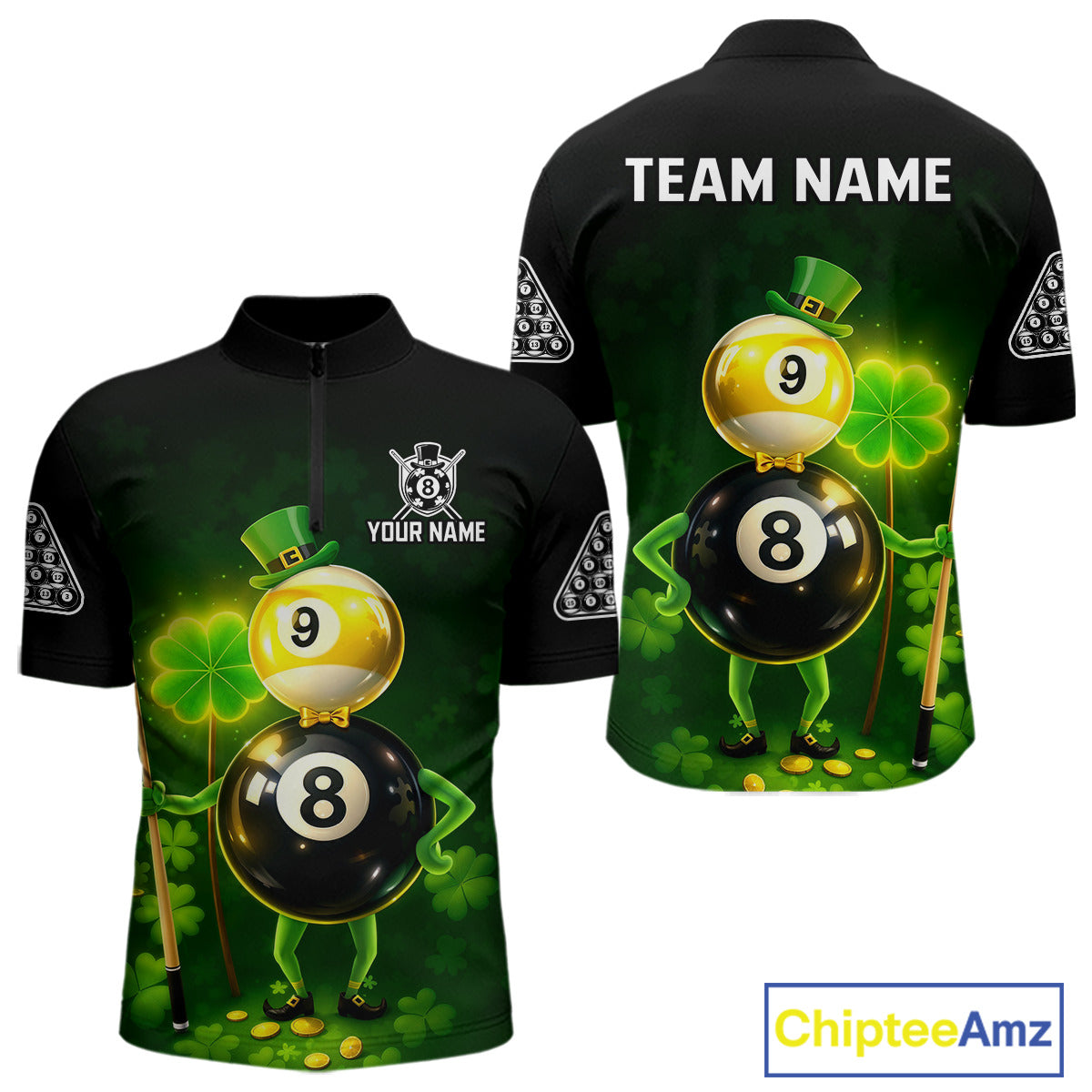 Funny Shamrock Pool 9 Ball & 8 Ball Men's Billiard Team Shirt Custom Patrick Day Billiard Attire NYN2473