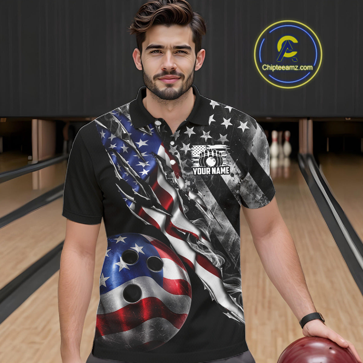 Male bowler wearing personalized Smoke US Flag bowling jersey during league tournament competition, patriotic bowling apparel