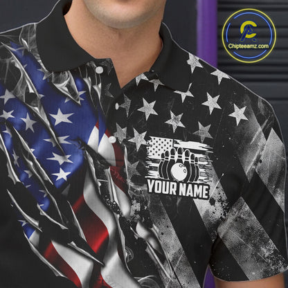 Male bowler wearing personalized Smoke US Flag bowling jersey during league tournament competition, patriotic bowling apparel