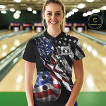 Load image into Gallery viewer, Female bowler wearing personalized Smoke US Flag bowling jersey during league tournament competition, patriotic bowling apparel