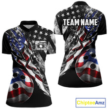 Load image into Gallery viewer, Personalized Smoke US Flag women's quarter zip bowling shirt patriotic bowling team jersey, custom bowling uniform, professional bowling apparel