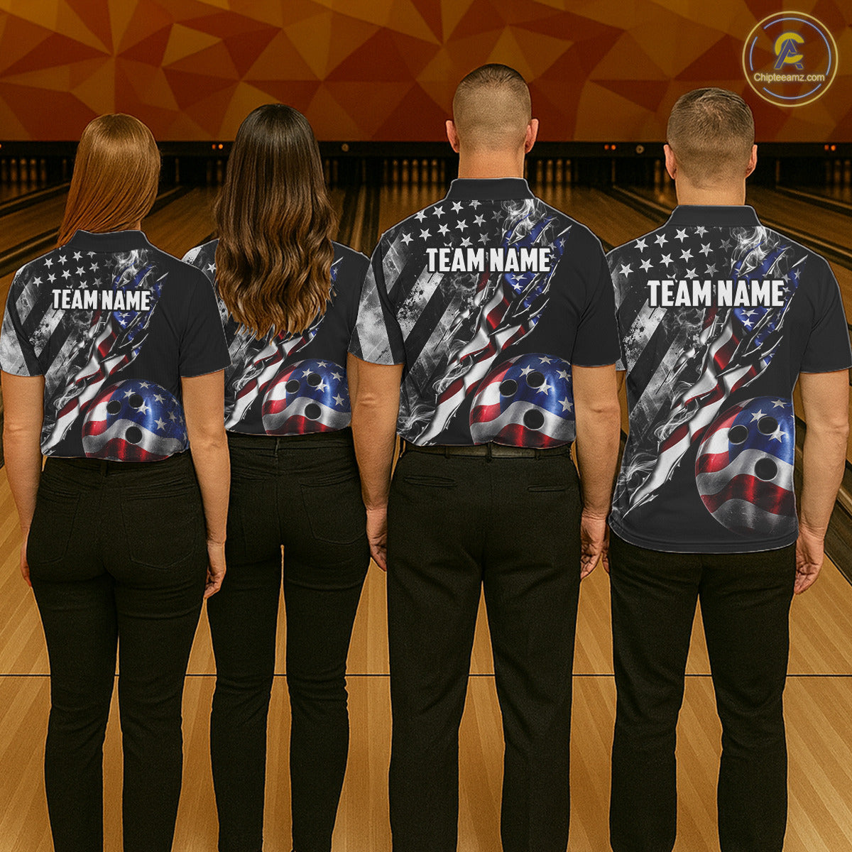 Men women bowling team wearing personalized Smoke US Flag patriotic bowling uniforms, custom bowling team jerseys for league and tournament play