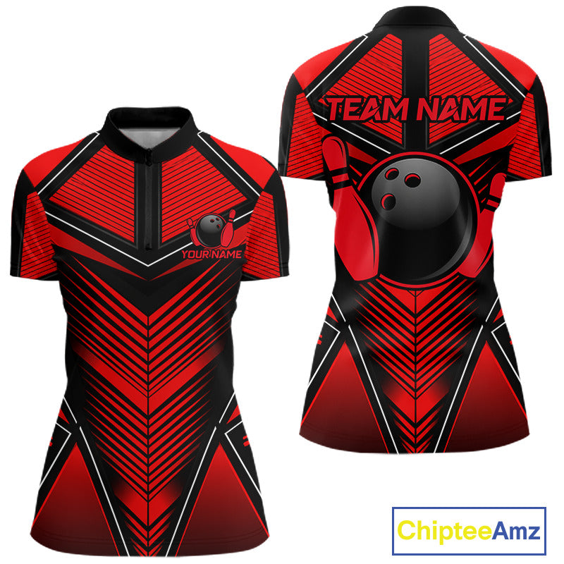 Woman wearing Black & Red Strikes Quarter-Zip Bowling Shirt featuring custom team name, athletic performance fabric, bowling tournament jersey, league sportswear.