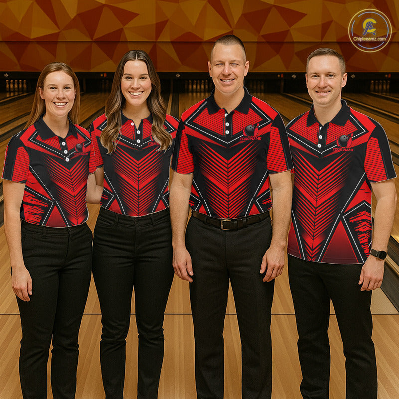 Professional bowling team wearing matching Black & Red Strikes jerseys, personalized names, bowling championship apparel, league uniforms, esports-inspired teamwear, corporate bowling event clothing, victory and teamwork symbolism.