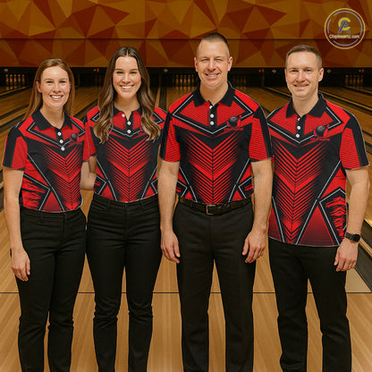Professional bowling team wearing matching Black & Red Strikes jerseys, personalized names, bowling championship apparel, league uniforms, esports-inspired teamwear, corporate bowling event clothing, victory and teamwork symbolism.