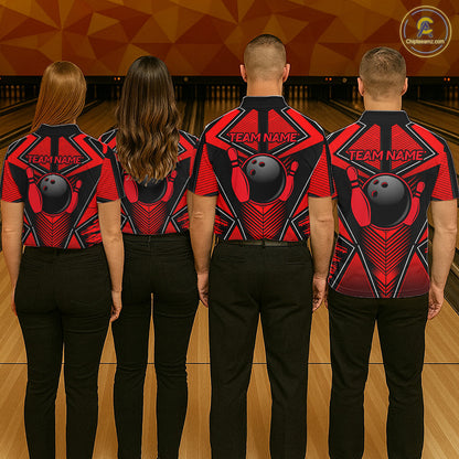Professional bowling team wearing matching Black & Red Strikes jerseys, personalized names, bowling championship apparel, league uniforms, esports-inspired teamwear, corporate bowling event clothing, victory and teamwork symbolism.