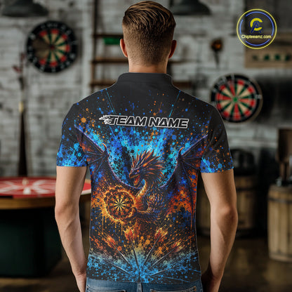 Blue And Orange Splatter Dragon Darts Polo Quarter-Zip Shirts For Men Custom Darts Team Jersey NYN4085