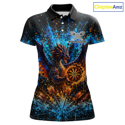 Blue And Orange Splatter Dragon Darts Polo Quarter-Zip Shirts For Women Custom Darts Team Jersey NYN4085