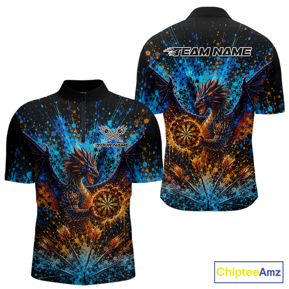 Blue And Orange Splatter Dragon Darts Polo Quarter-Zip Shirts For Men Custom Darts Team Jersey NYN4085