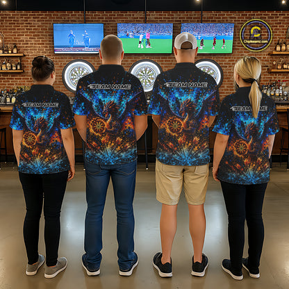 Blue And Orange Splatter Dragon Darts Polo Quarter-Zip Shirts For Men Custom Darts Team Jersey NYN4085
