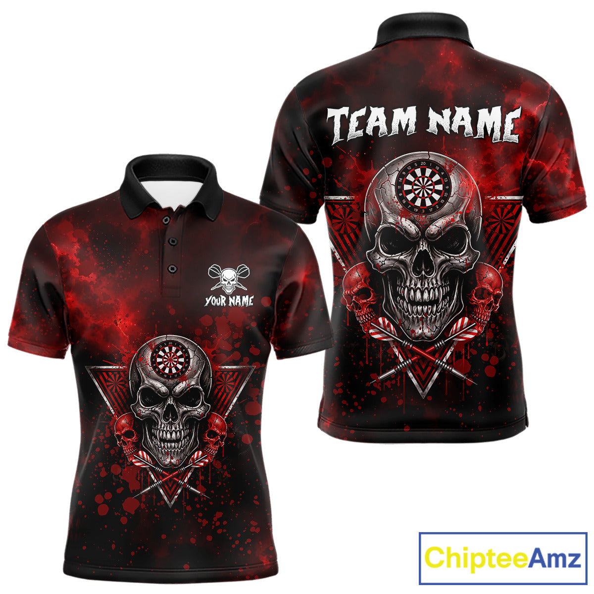 Custom Red Splatter Multi-Skull Men Darts Arrow Polo League Shirts Dart Team Jerseys NYN2200
