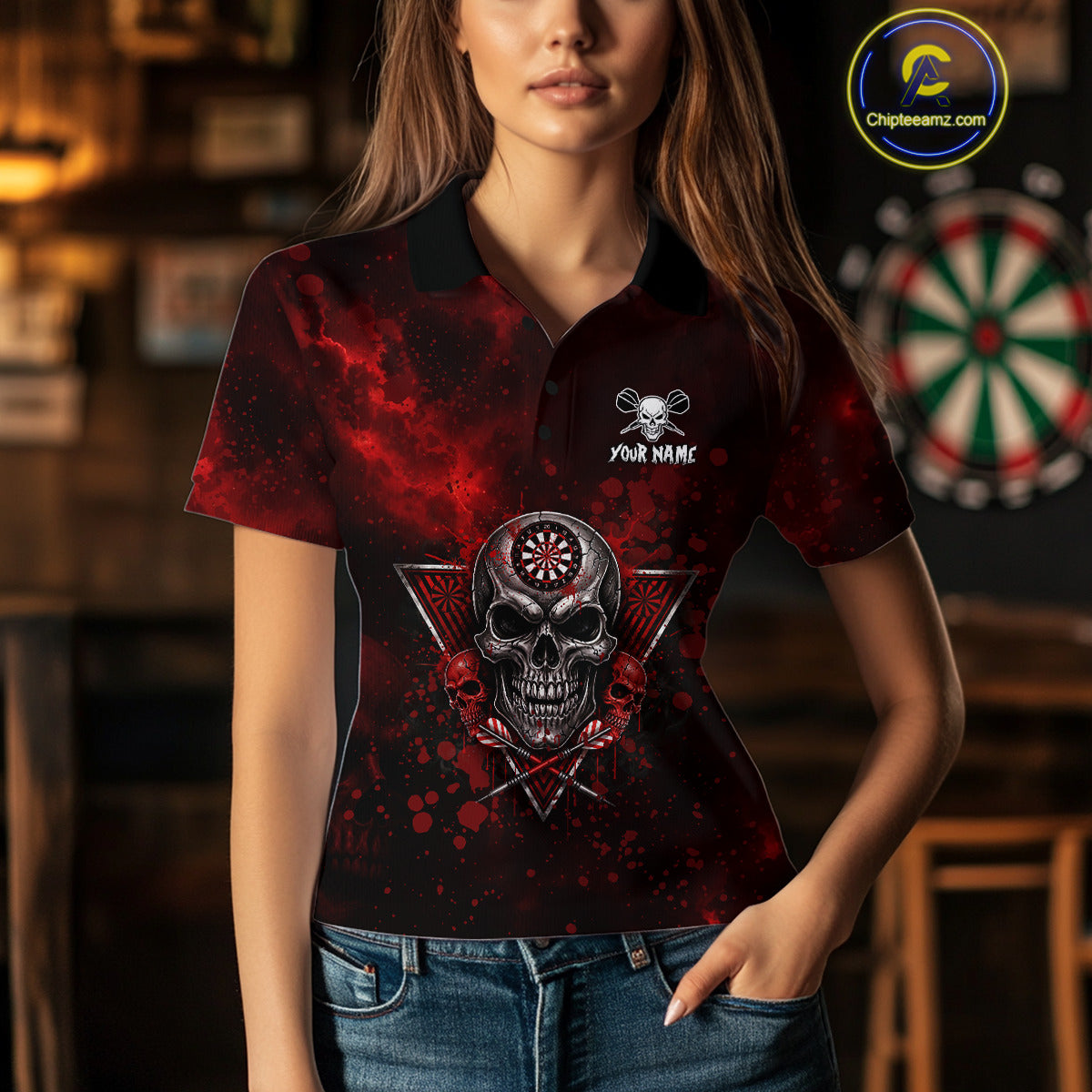 Custom Red Splatter Multi-Skull Women  Darts Arrow Polo League Shirts Dart Team Jerseys NYN2200