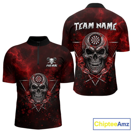 Custom Red Splatter Multi-Skull Men Darts Arrow Quarter-Zip League Shirts Dart Team Jerseys NYN2200
