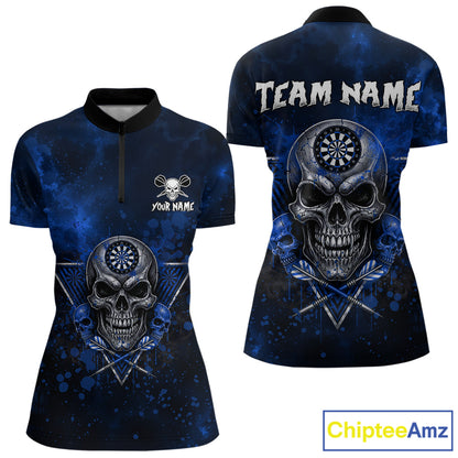 Custom Blue Splatter Multi-Skull Women Darts Arrow Quarter-Zip League Shirts Dart Team Jerseys NYN2201