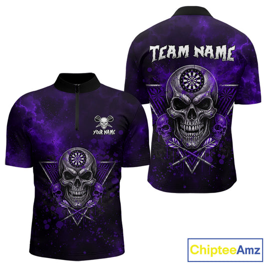 Custom Purple Splatter Multi-Skull Men Darts Arrow Quarter-Zip League Shirts Dart Team Jerseys NYN2202
