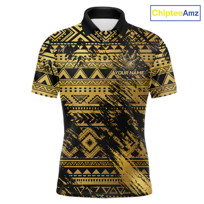 Custom Grunge Gold Tribal Bowling Polo with Polynesian tribal artwork, personalized bowling team graphics, breathable performance polo, custom bowling tournament jersey, Hawaiian tribal sportswear, strength and leadership symbolism, athletic apparel.