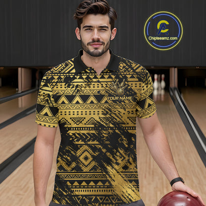 Male bowler wearing Gold Tribal bowling polo with tribal warrior graphics, island culture inspiration, personalized league jersey, competitive bowling apparel, leadership and strength symbolism.