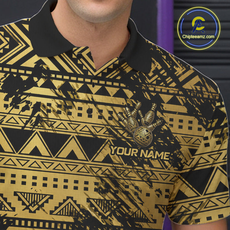 Male bowler wearing Gold Tribal bowling polo with tribal warrior graphics, island culture inspiration, personalized league jersey, competitive bowling apparel, leadership and strength symbolism.
