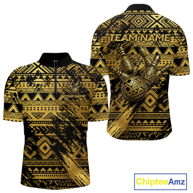 Custom Grunge Gold Tribal Quarter-Zip Bowling Jersey with personalized bowling team name, tribal warrior artwork, moisture-wicking fabric, custom tournament apparel, premium athletic bowling clothing.
