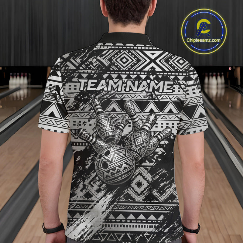 Male bowler wearing Silver Tribal bowling shirt featuring warrior-inspired graphics, custom league apparel, competitive sportswear, Polynesian symbolism.