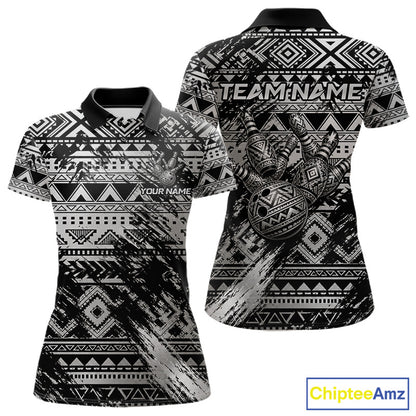 Custom Grunge Silver Tribal Bowling Polo featuring intricate Polynesian tribal graphics, personalized bowling team name, breathable quick-dry fabric, custom bowling league polo, tournament sportswear, tribal culture symbolism, athletic performance apparel.