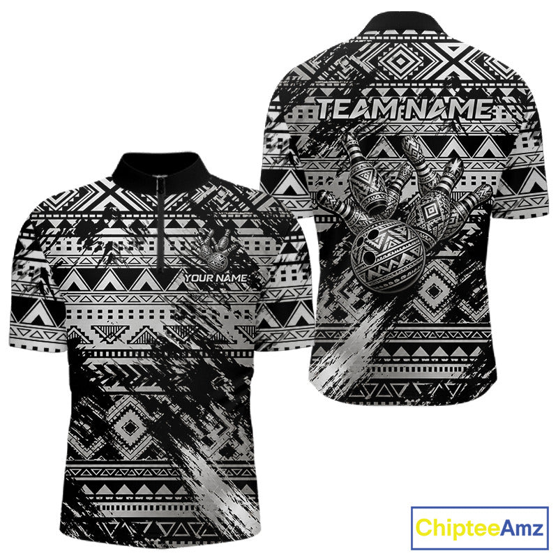 Silver Tribal Quarter-Zip Bowling Shirt with Polynesian tribal design, personalized bowling team name, quick-dry athletic fabric, custom bowling tournament apparel.