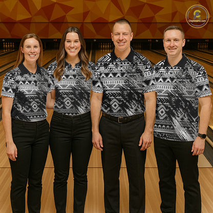 Bowling team wearing matching Silver Tribal bowling jerseys, personalized names, tribal-inspired uniforms, championship apparel, island heritage, teamwork, leadership, competitive league clothing.