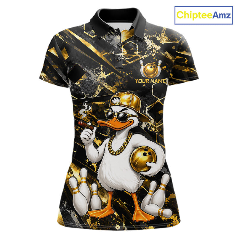 Grunge Gold & Black Funny Duck Bowling Polo featuring humorous duck mascot, personalized bowling team name, breathable performance polo, funny bowling league apparel, mascot sportswear, bowling tournament uniform, playful team clothing.