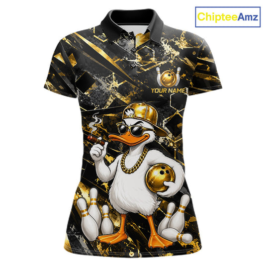 Grunge Gold & Black Funny Duck Bowling Polo featuring humorous duck mascot, personalized bowling team name, breathable performance polo, funny bowling league apparel, mascot sportswear, bowling tournament uniform, playful team clothing.