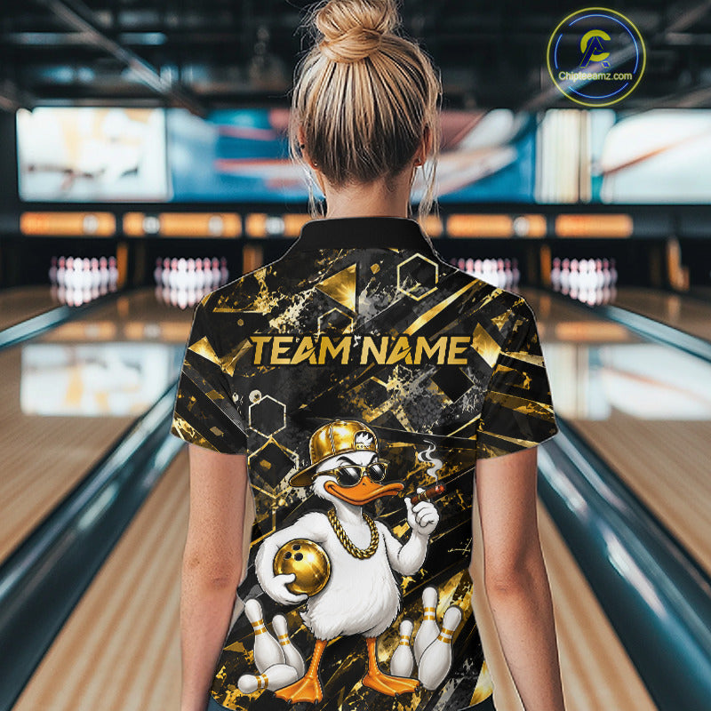 Female bowler smiling while wearing Funny Duck bowling jersey, mascot sports fashion, playful competition, friendship, team bonding, personalized bowling apparel, fun tournament outfit.
