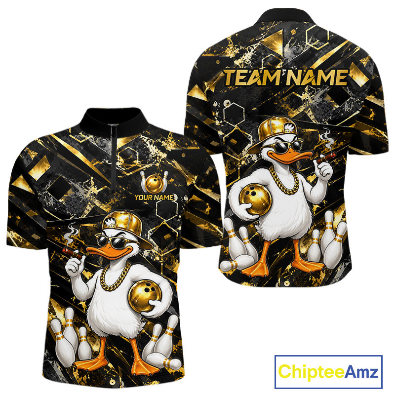 Funny Duck Quarter-Zip Bowling Jersey with personalized bowling team graphics, quick-dry fabric, funny mascot artwork, custom league apparel, performance sportswear.