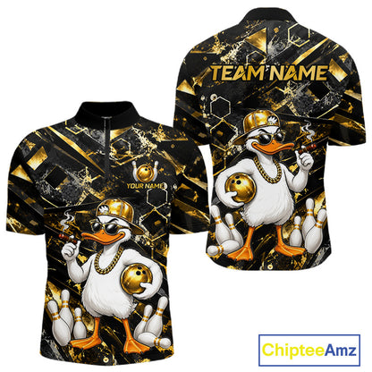 Funny Duck Quarter-Zip Bowling Jersey with personalized bowling team graphics, quick-dry fabric, funny mascot artwork, custom league apparel, performance sportswear.