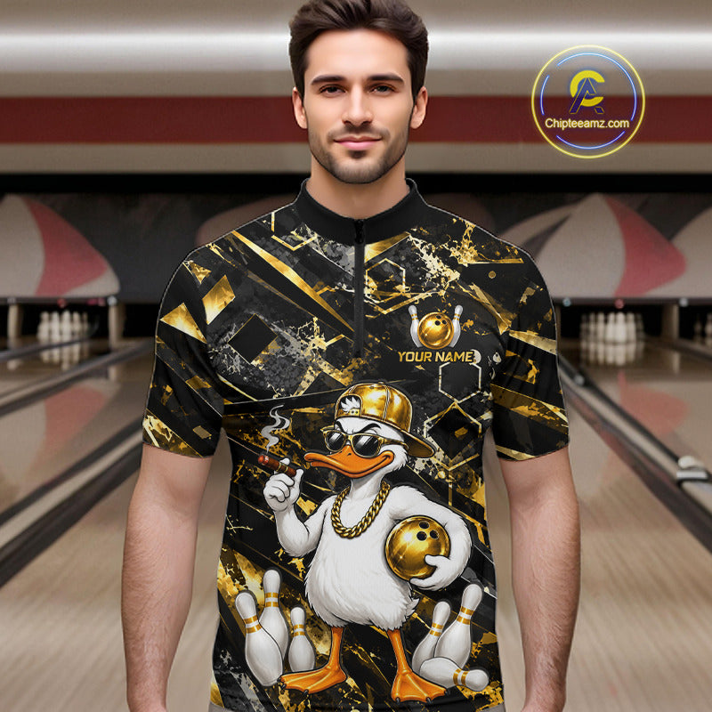 Male bowler modeling Funny Duck bowling polo, humorous mascot graphics, bowling league apparel, fun sportswear, personalized team clothing, championship spirit.