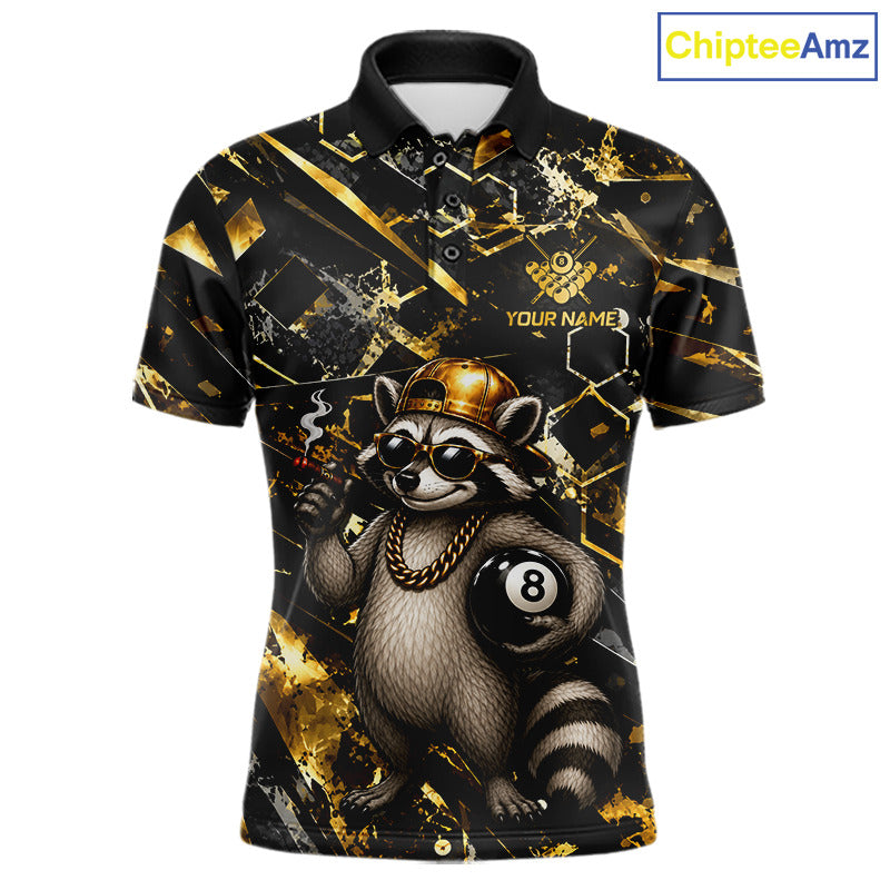 Funny Rich Raccoon Billiard Polo featuring rich raccoon artwork, personalized player name, custom billiards team jersey, moisture-wicking athletic polo, championship sportswear, humorous luxury mascot design.
