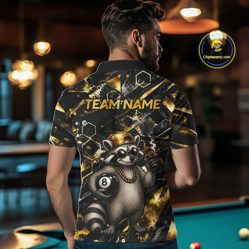 Male pool player modeling Rich Raccoon sports jersey representing strategy, cleverness, leadership, wealth, success, teamwork, custom billiard apparel, humorous competitive fashion.