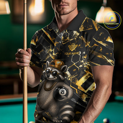 Male pool player modeling Rich Raccoon sports jersey representing strategy, cleverness, leadership, wealth, success, teamwork, custom billiard apparel, humorous competitive fashion.