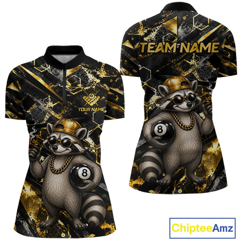 Funny Rich Raccoon Quarter-Zip Pool Jersey featuring gold and black artwork, custom billiard player name, breathable athletic fabric, league apparel, premium tournament jersey, luxury-inspired sportswear.