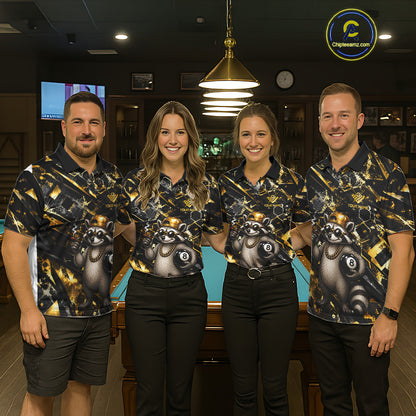 Professional pool team wearing matching Rich Raccoon jerseys featuring personalized names, luxury mascot branding, pool  tournament uniforms, casino-themed sportswear, esports-inspired graphics, teamwork, prosperity, confidence, championship culture, corporate recreation events.