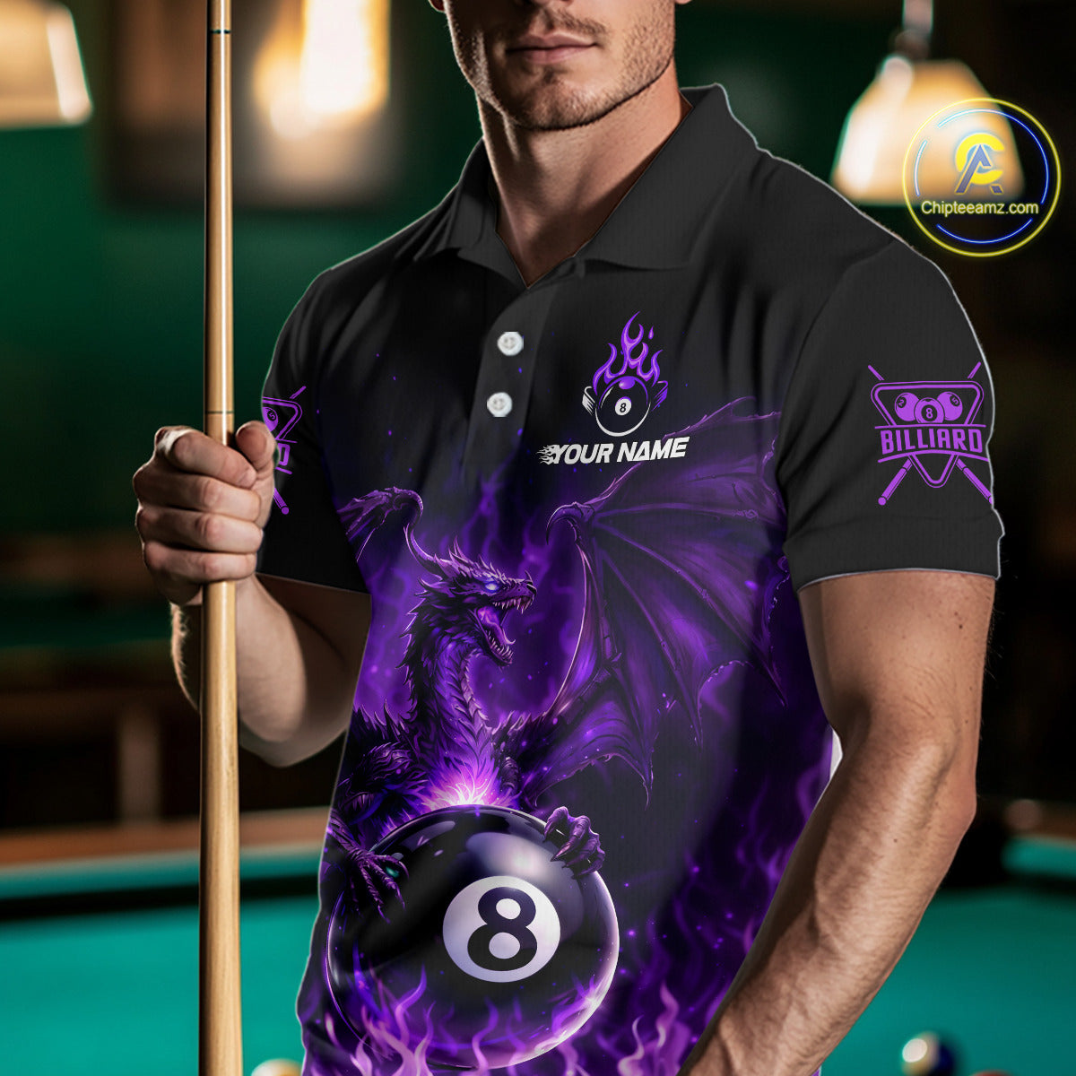 Purple Flaming Dragon Play Pool 8 Ball Men Billiard Shirt Custom Billiard Polo & 1/4-Zip Attire NYN2493