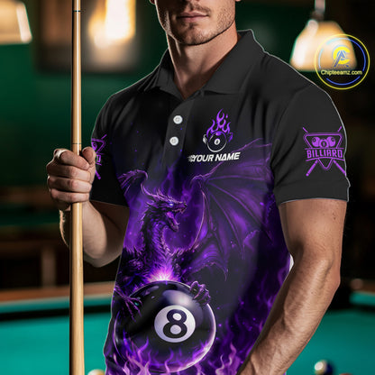 Purple Flaming Dragon Play Pool 8 Ball Men Billiard Shirt Custom Billiard Polo & 1/4-Zip Attire NYN2493