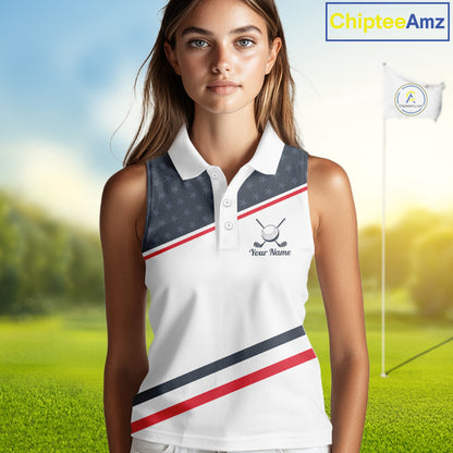 Womens Golf Sleeveless Polo Shirt Custom American Flag White Golf Shirt Patriotic Polo Team Clothing Attire NYN2852