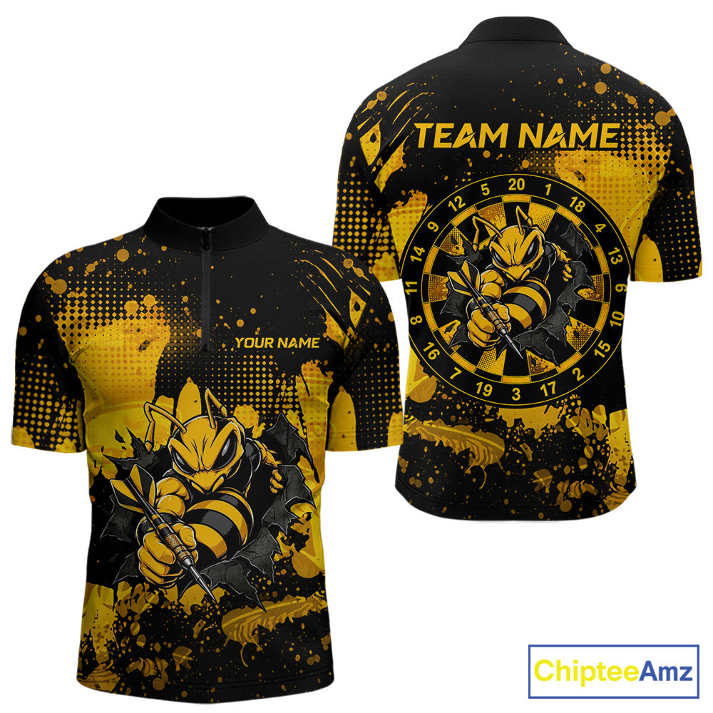 Black And Yellow Grunge Funny Bee Darts Polo & 1/4 Zip For Men Personalized Dart Team Shirts NYN3237