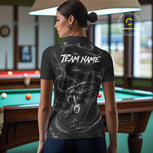 Load image into Gallery viewer, Female billiards player wearing Grey Smokes Cobra 8 ball pool jersey during APA league tournament competition, personalized billiard apparel