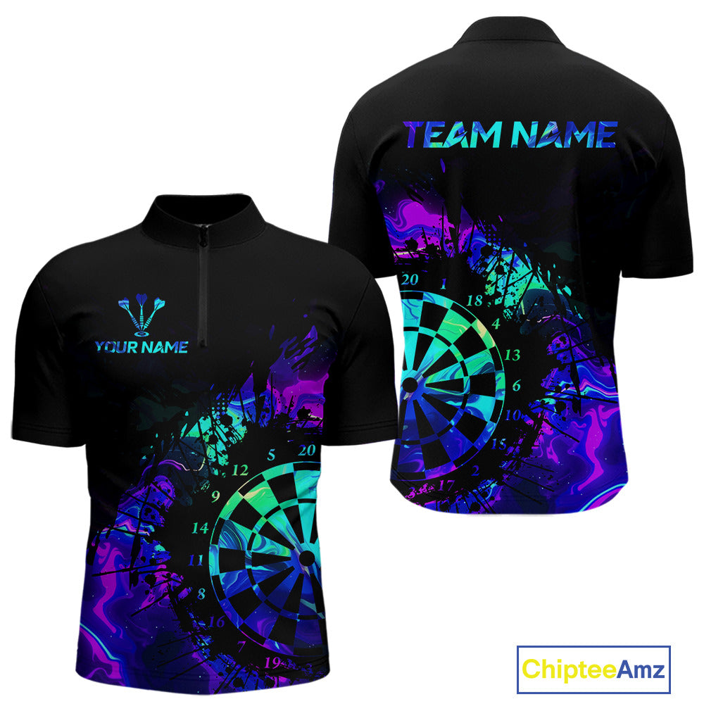 Blue Holographic Dartboard Grunge Darts 1/4-Zip Shirts For Men Custom Name For Darters NYN2706