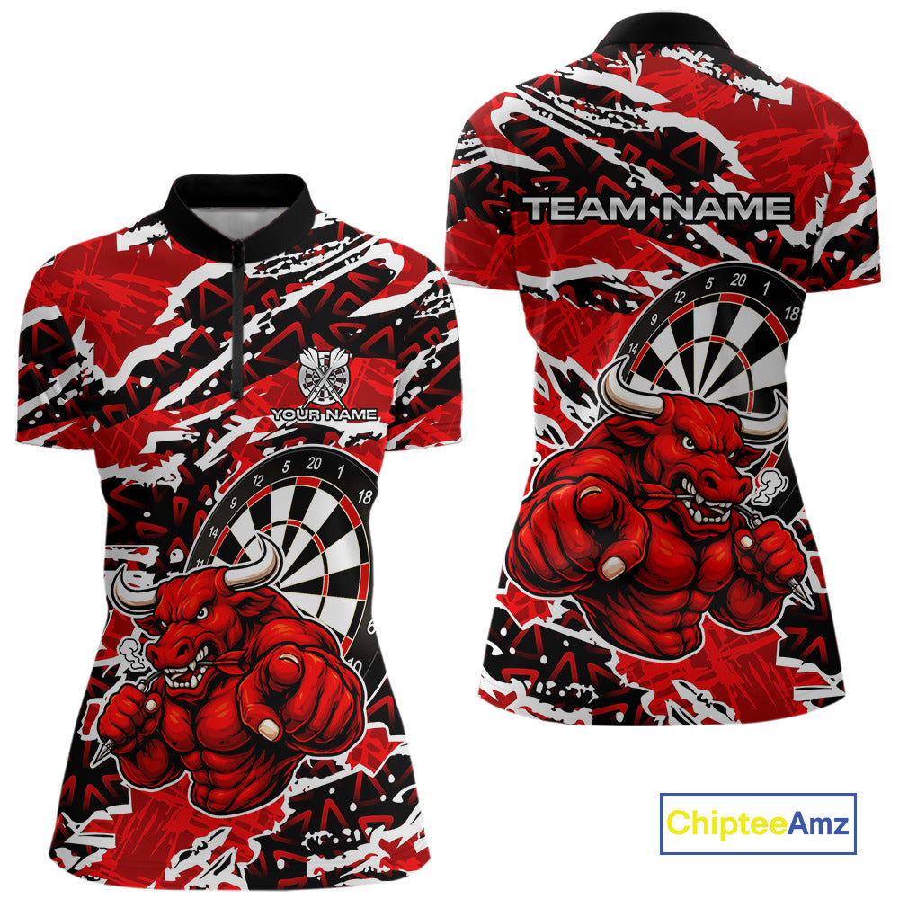 Personalized Women Darts Bull Grunge Red Polo Shirt Custom Name Polo 1/4-Zip Shirt Gift For Darters NYN2856