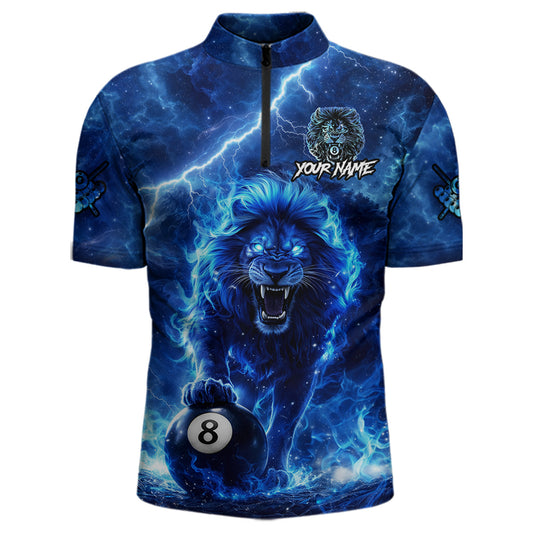 Personalized Billiards Shirt Blue Flames Lion 8 Ball Pool For Men Billiard Jersey Customized Name NYN2860
